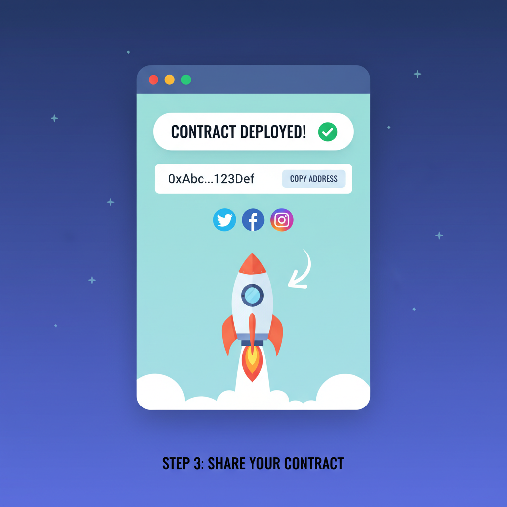 contract deployed success screen, sharing address on social media rocket launch