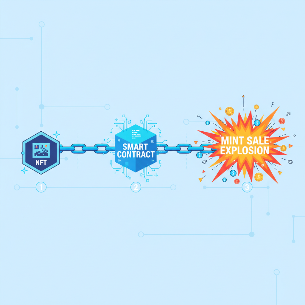 NFT artwork chaining to smart contract trigger, mint sale explosion
