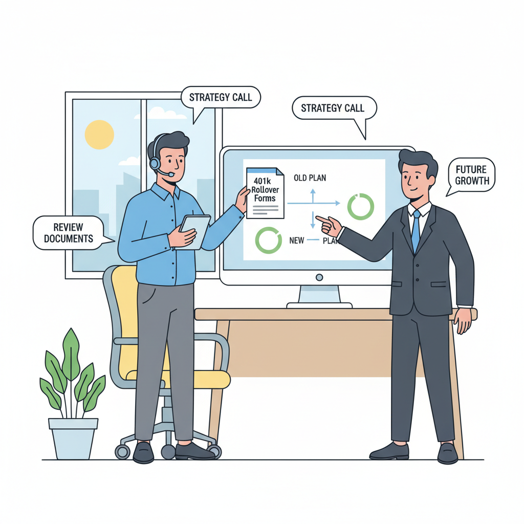 professional on phone discussing 401k rollover documents with financial advisor, clean office setting, motivational vibe