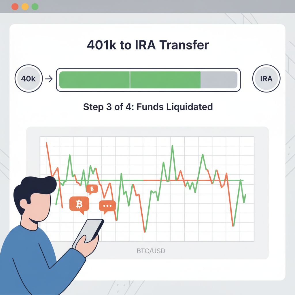 dashboard screen tracking 401k to IRA transfer progress bar, bitcoin chart in background, user checking phone notifications