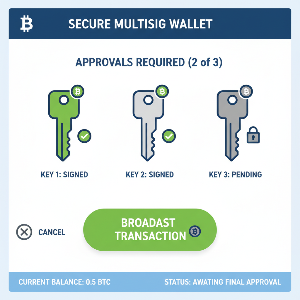 secure multisig wallet interface with multiple keys and bitcoin symbols