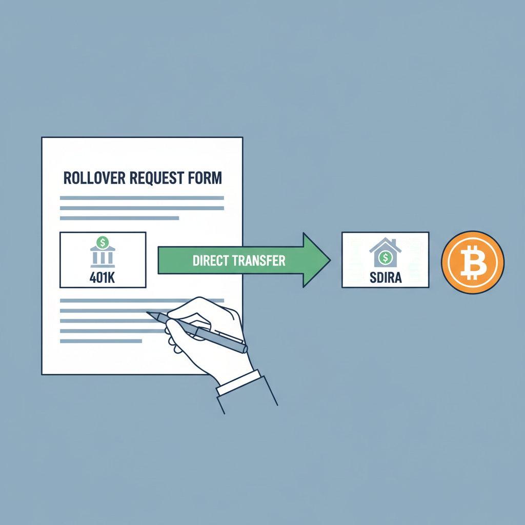 hand signing rollover request form with direct transfer arrow from 401k to SDIRA icon, bitcoin symbol nearby, professional style
