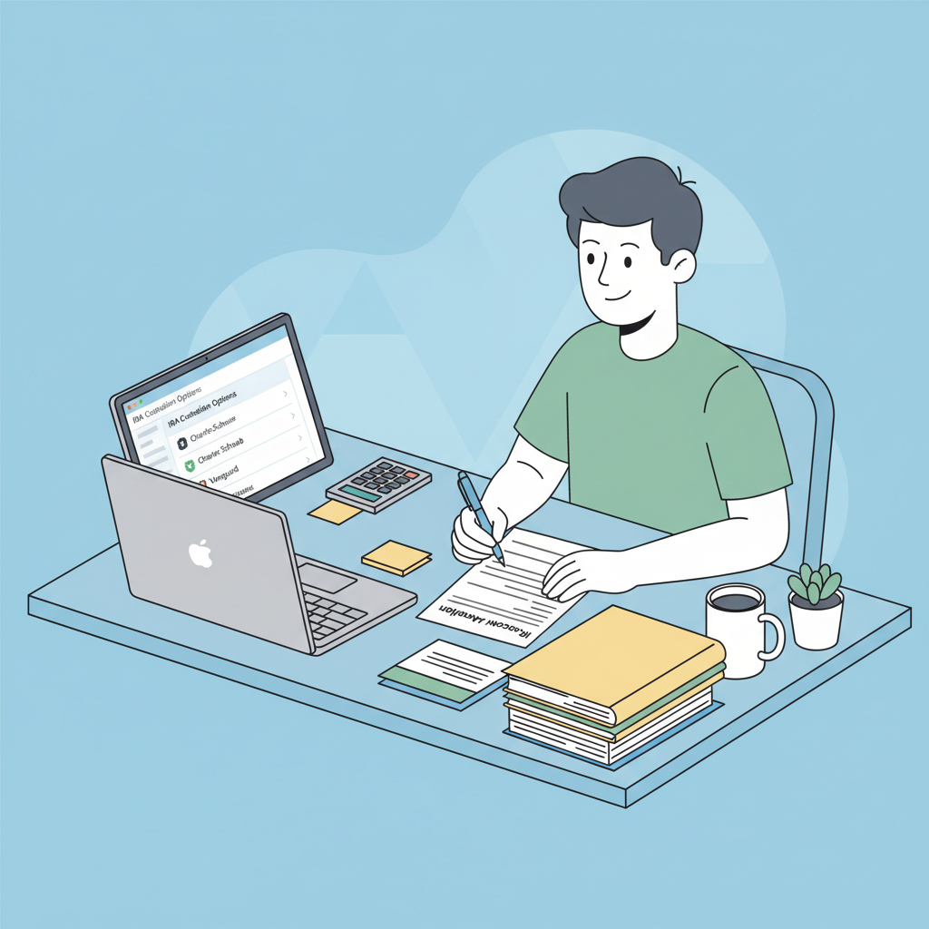 person filling out financial forms at desk with laptop showing IRA custodian options, organized paperwork, confident expression