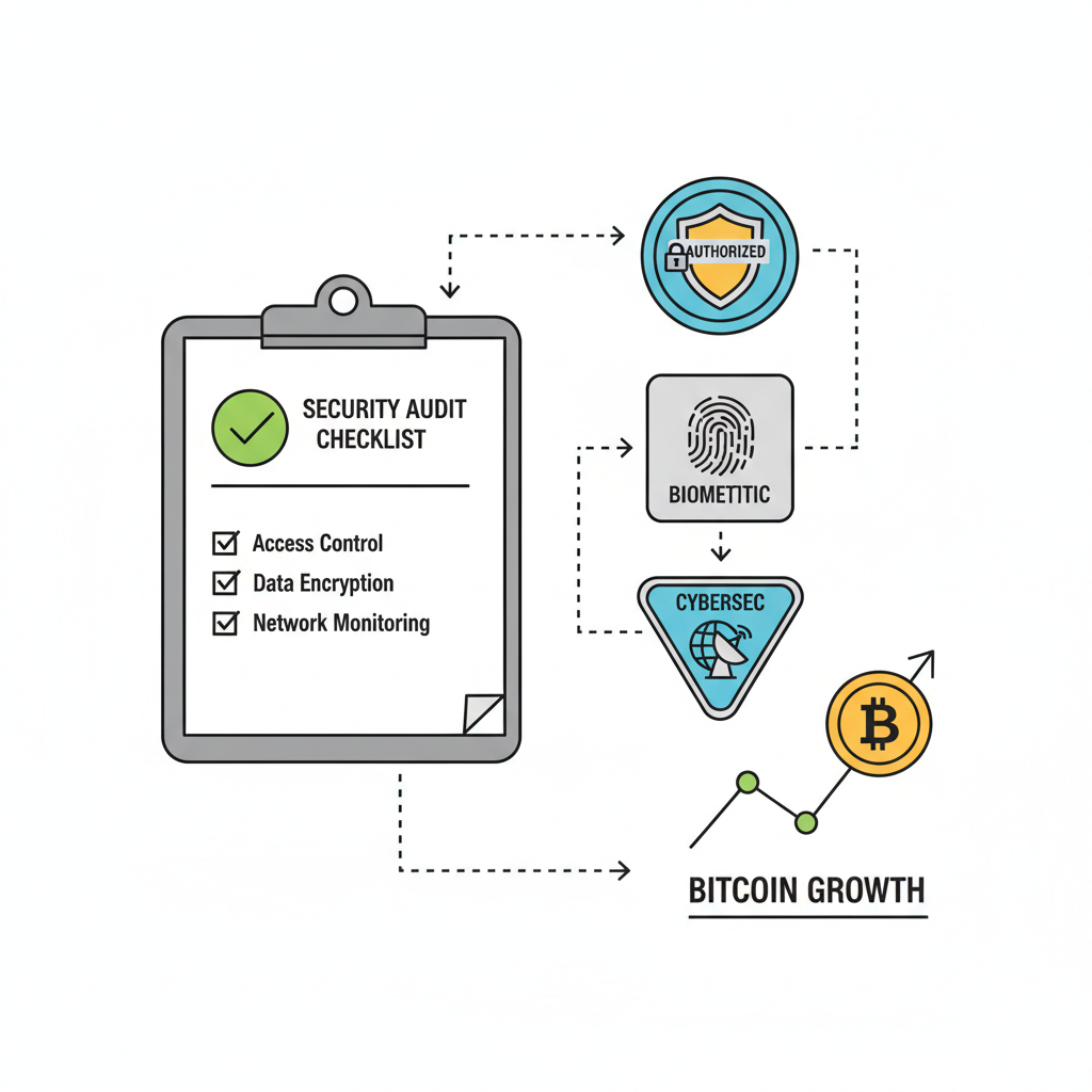 audit checklist with security badges and bitcoin graph