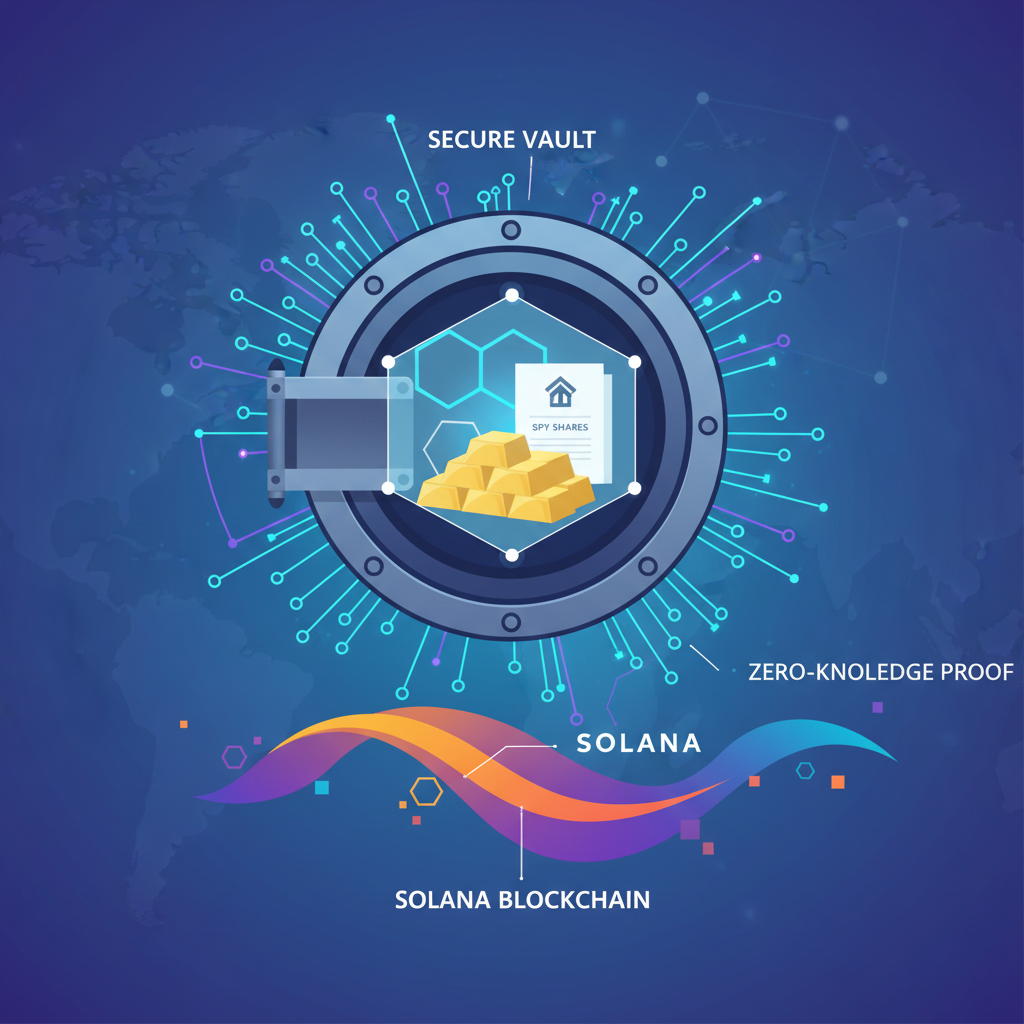 secure vault holding SPY shares with glowing zero-knowledge proof circuits and Solana blockchain elements, futuristic finance style