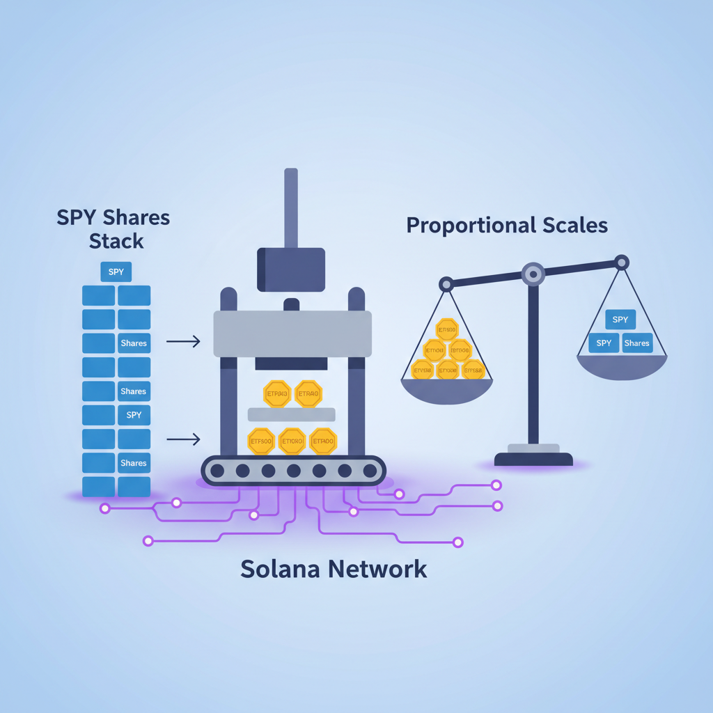 minting press stamping ETF500 tokens from SPY shares stack, proportional scales balancing, Solana network glow