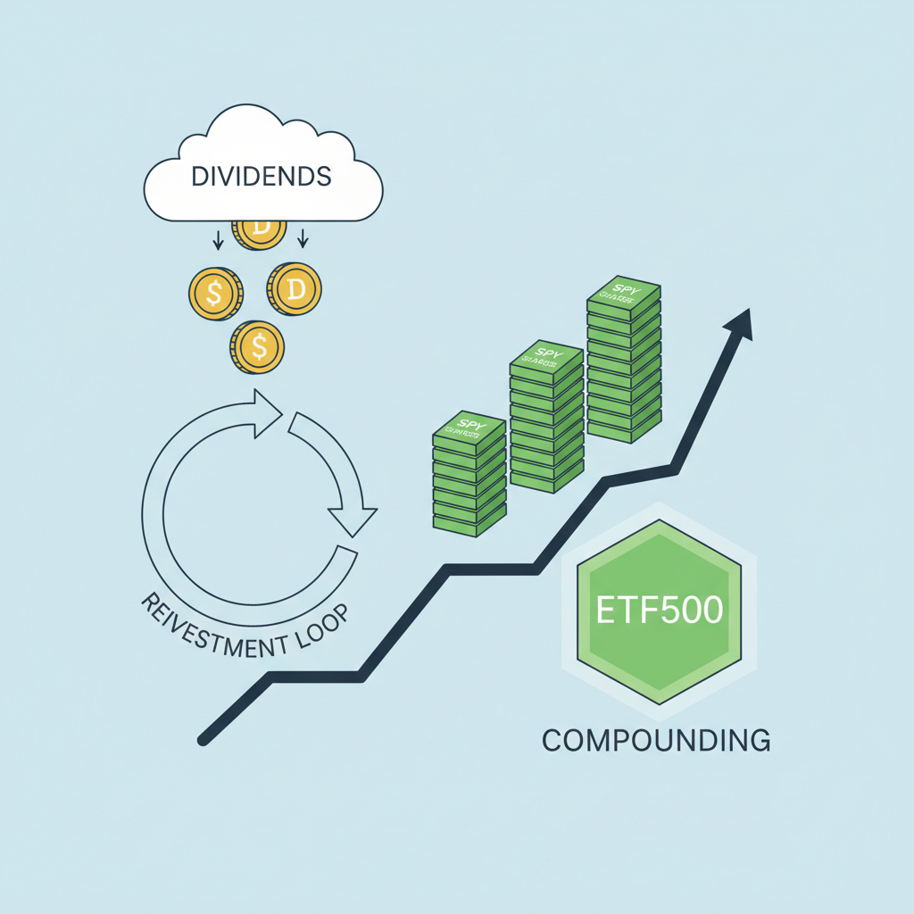 dividend coins flowing into reinvestment loop, growing SPY shares pile tokenized into ETF500, compounding graph upward