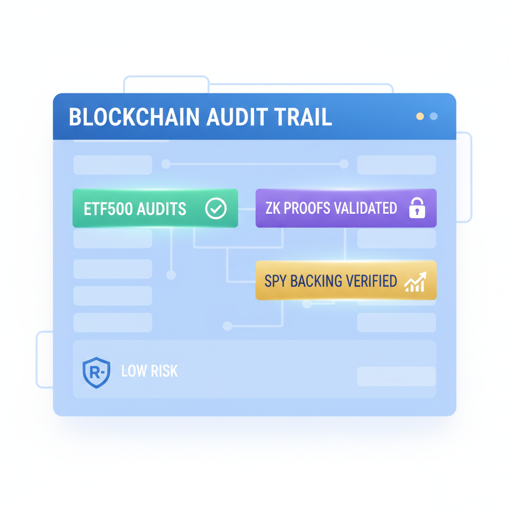 transparent blockchain ledger displaying ETF500 audits, ZK proofs, SPY backing verified, low risk shield icon