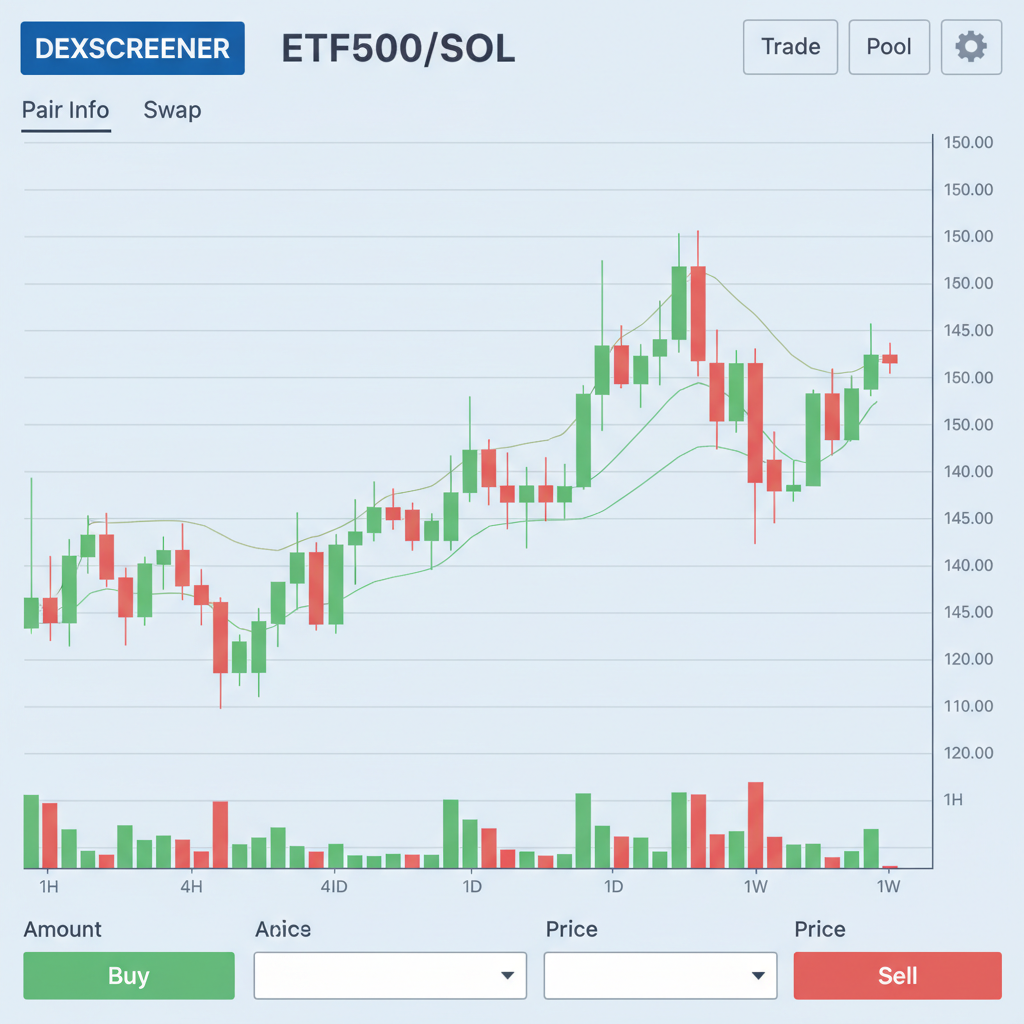 DEXScreener chart for ETF500/SOL pair, real-time candlesticks, volume bars