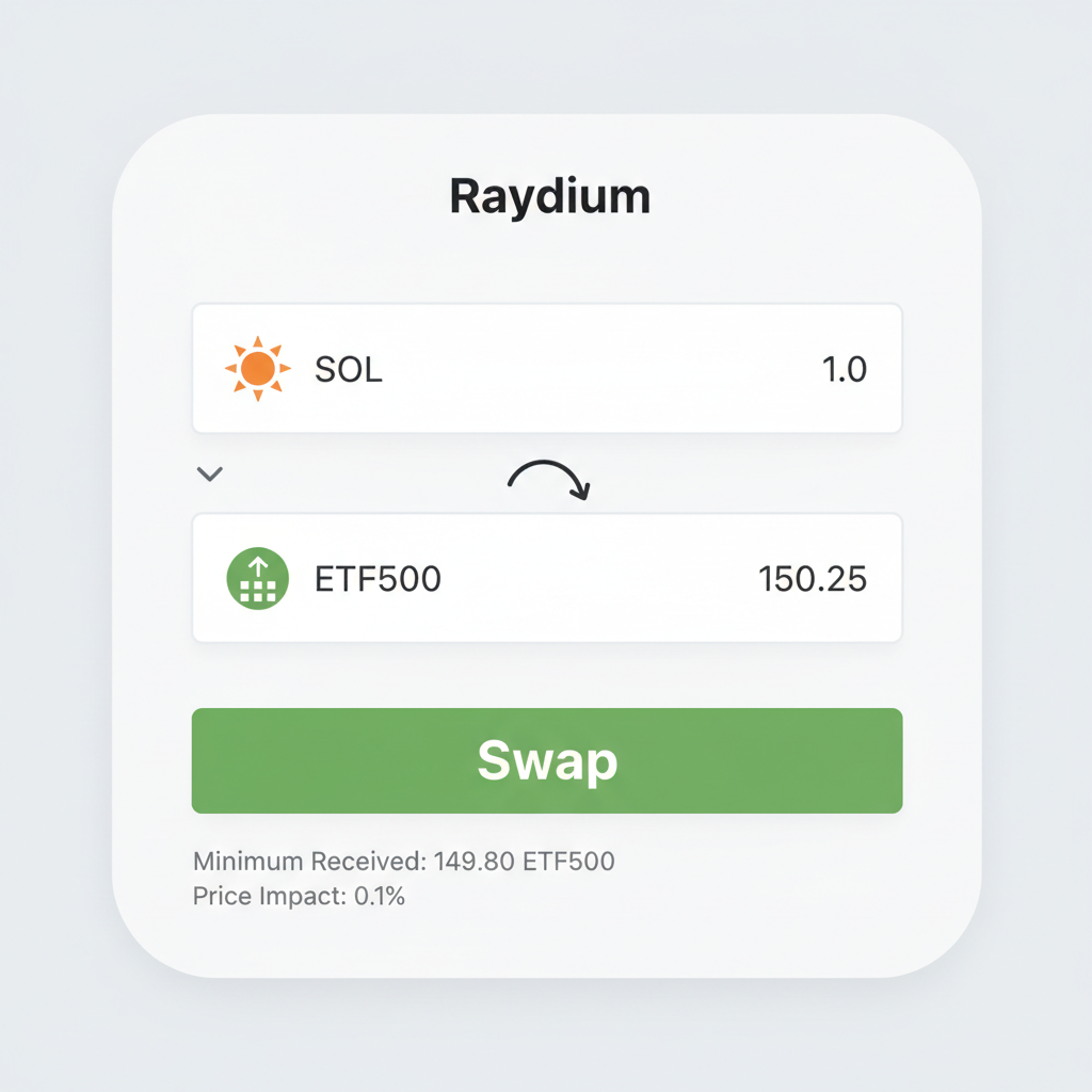 Raydium DEX swap interface SOL to ETF500 on Solana, token icons, green buy button