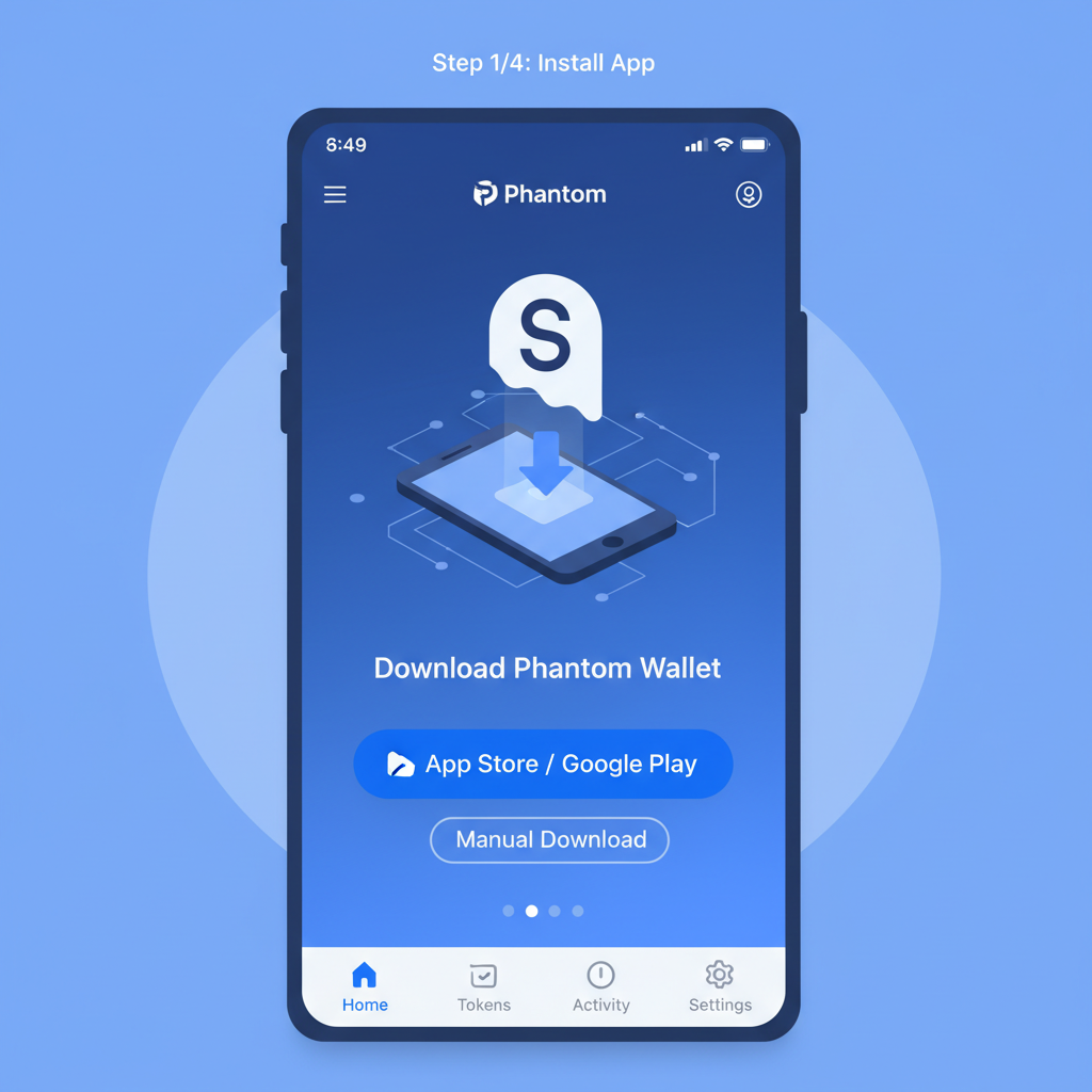 clean mobile wallet app interface installing Phantom on Solana, blue theme, simple UI