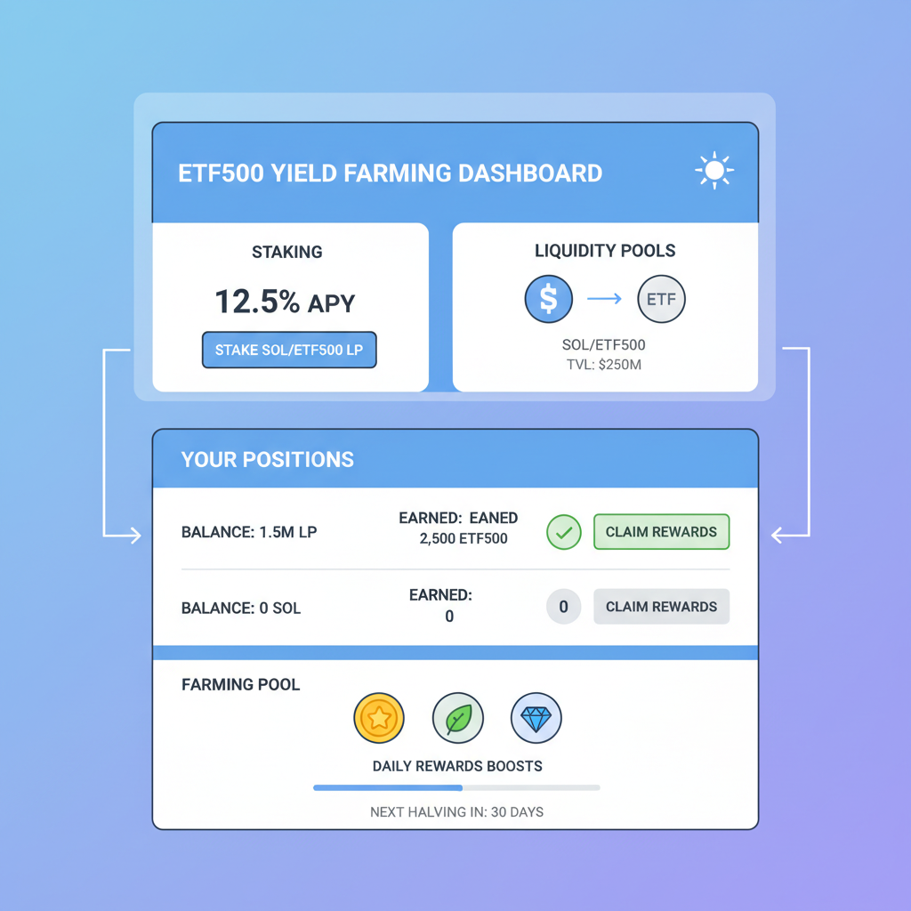 Solana staking or LP interface for ETF500, yield farming dashboard, rewards icons