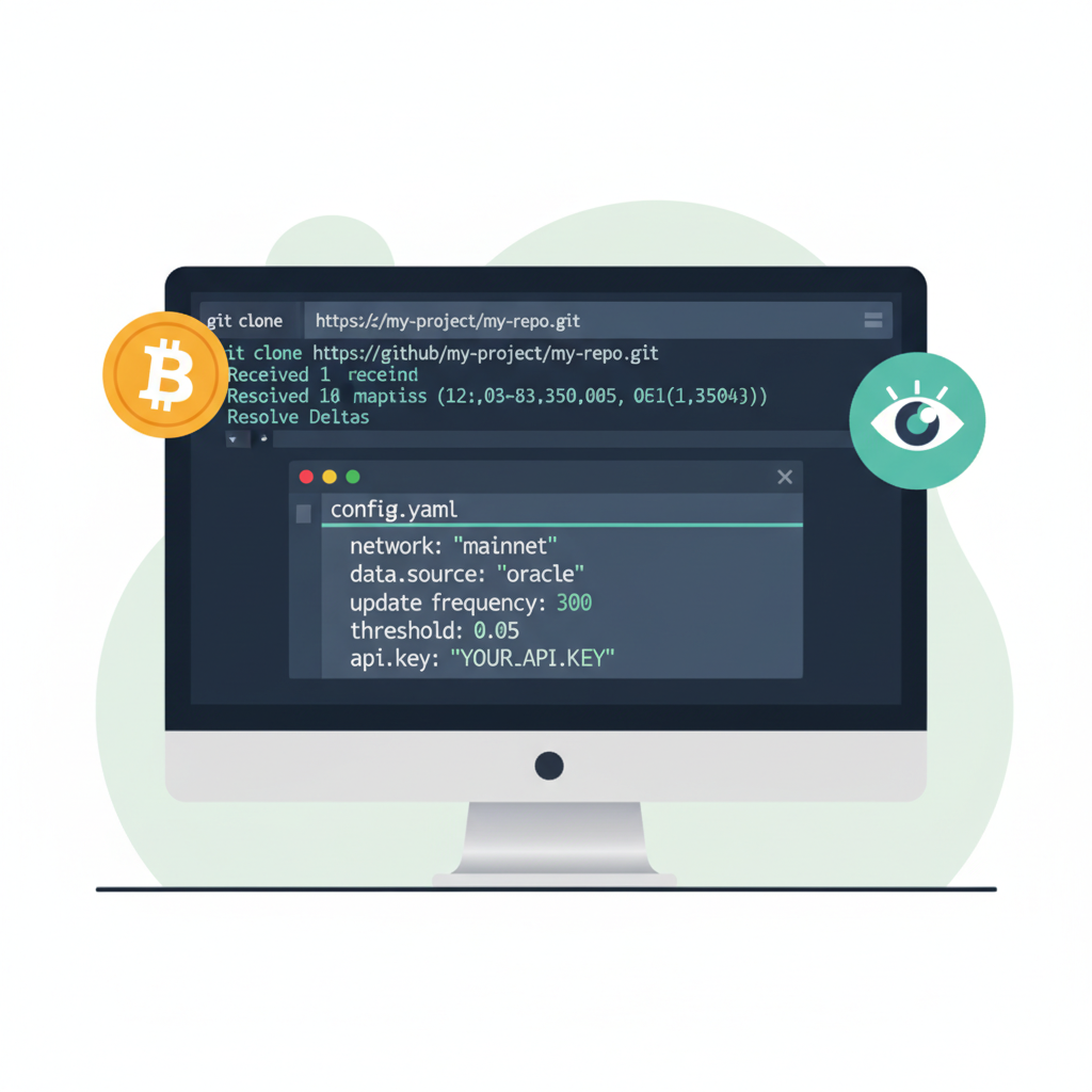 developer terminal cloning GitHub repo, editing YAML configs, Bitcoin and oracle icons floating
