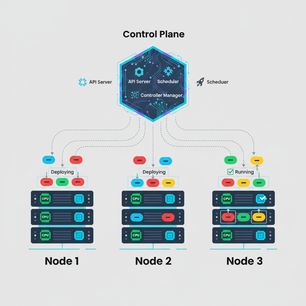 Kubernetes cluster diagram with nodes connecting, colorful pods deploying, high-tech control plane