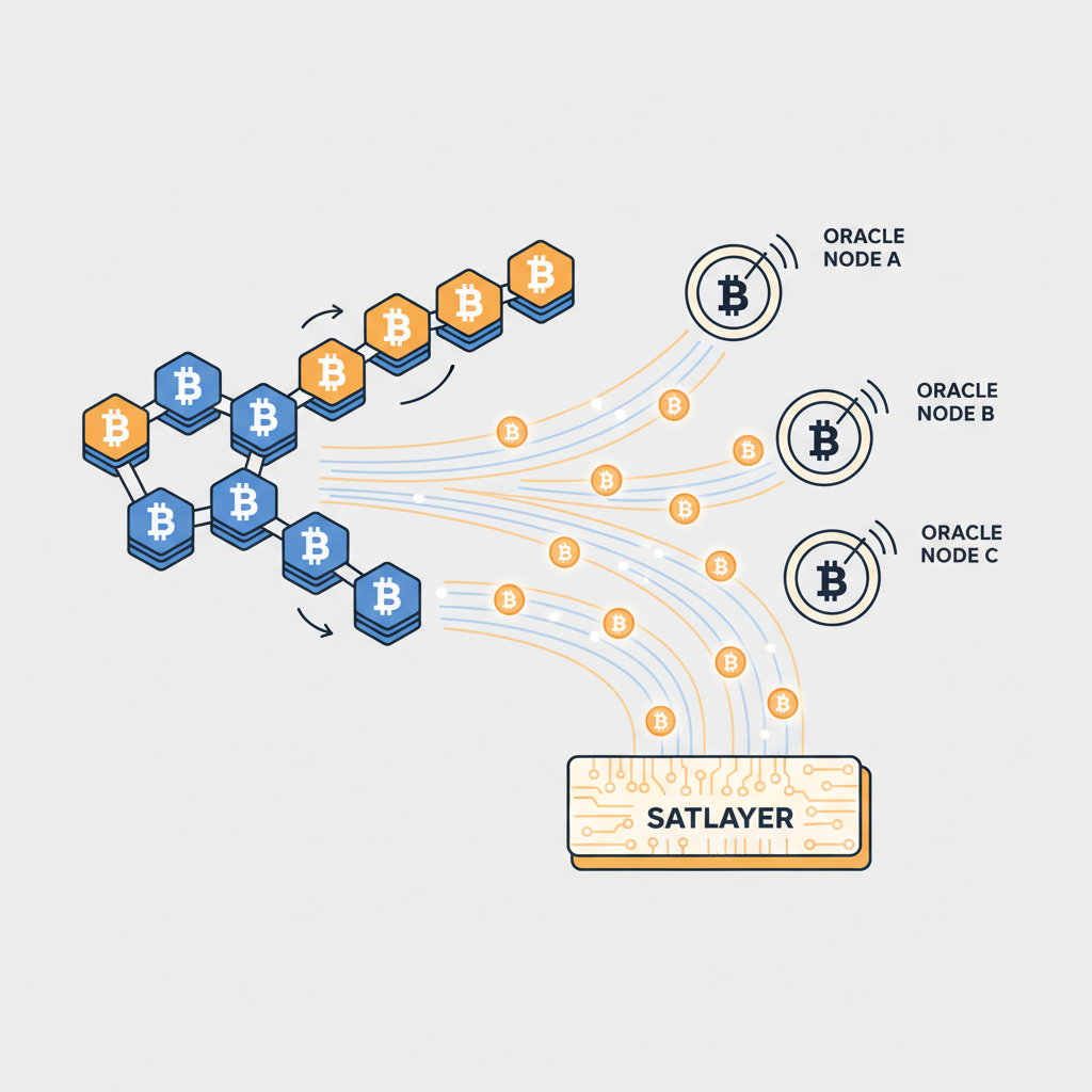 Bitcoin chain linking to oracle nodes on SatLayer, restaking flows with glowing BTC symbols