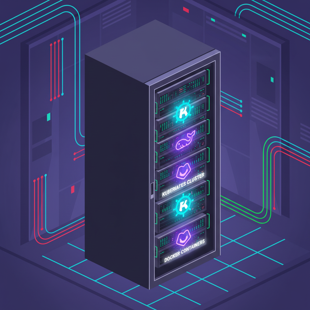modern server rack with glowing Kubernetes logos and Docker containers, futuristic data center vibe, cyberpunk style