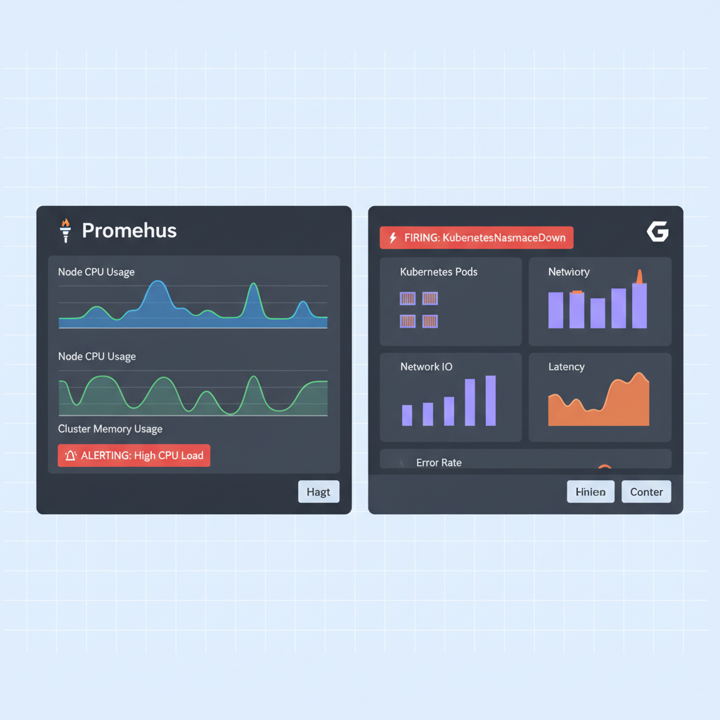 Prometheus and Grafana dashboards showing metrics graphs, alerts firing, Kubernetes integration