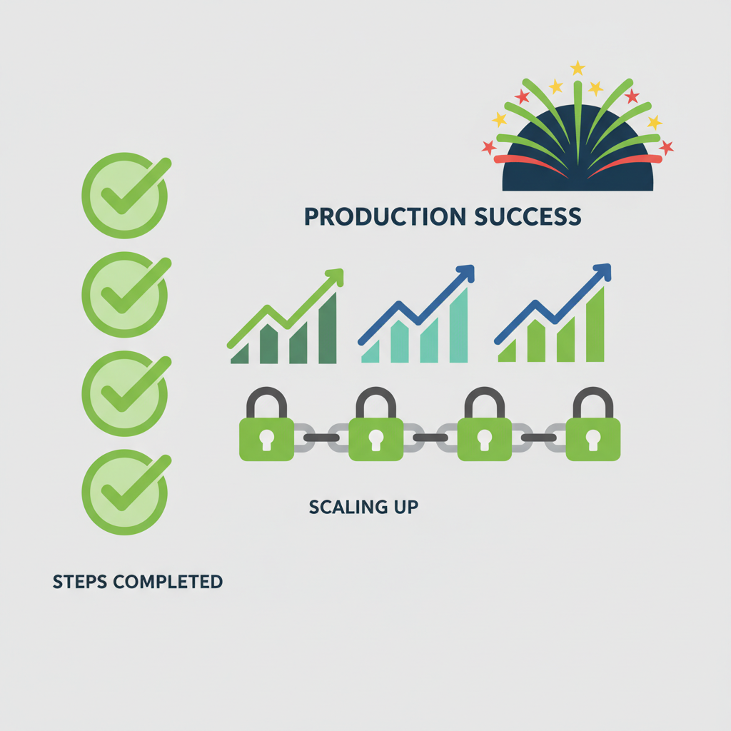green checkmarks on production dashboard, secure locks, scaling graphs upward, success fireworks