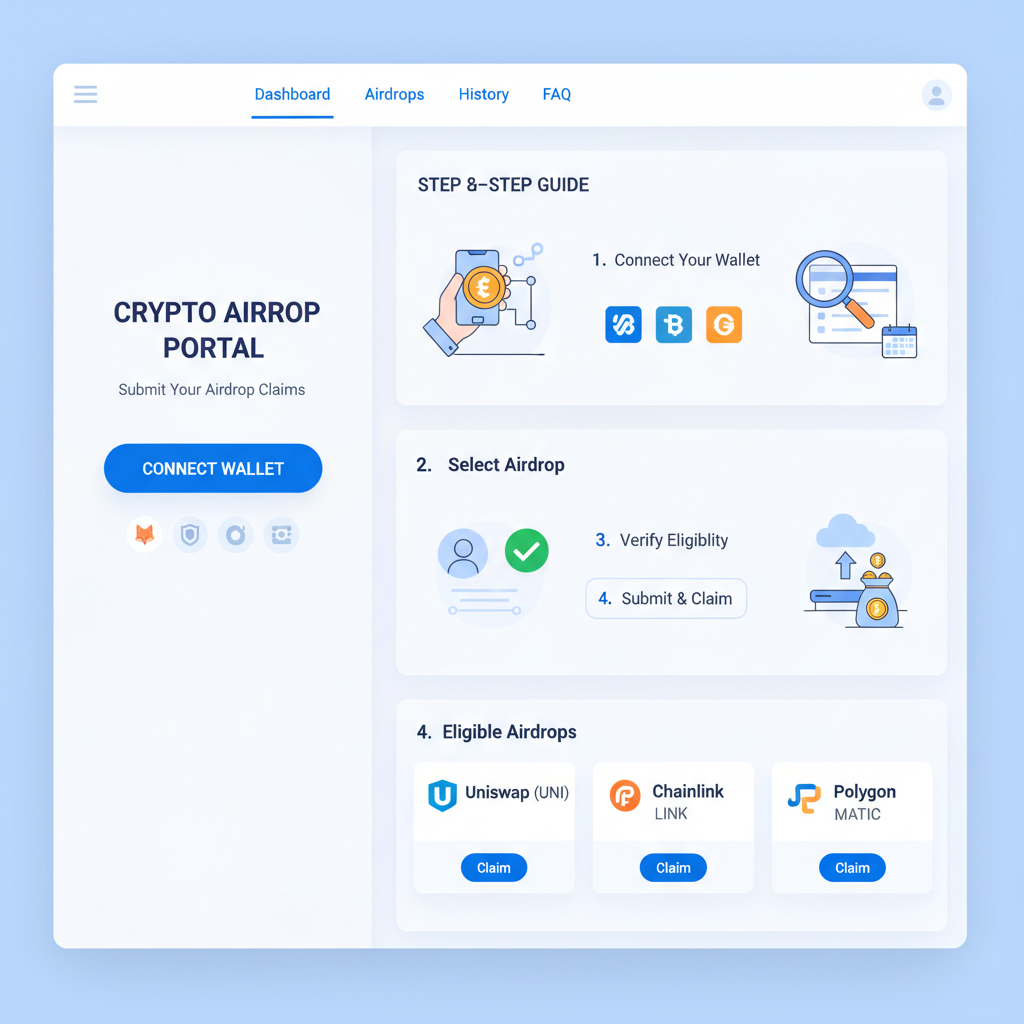 clean web dashboard interface for crypto airdrop submission, blue and white theme, connect wallet button