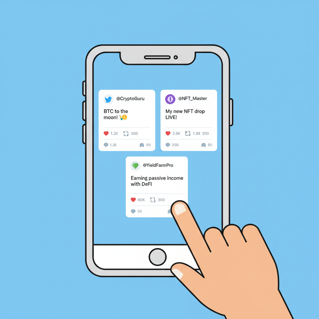 smartphone screen with Twitter screenshots of followers likes retweets crypto posts