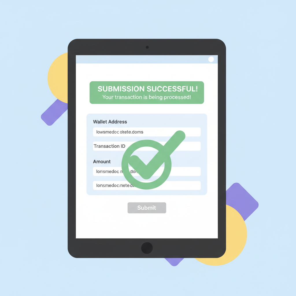 verification checkmark on crypto submission form, success notification