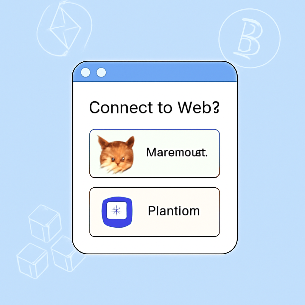 A digital wallet interface connecting to a Web3 platform, showing MetaMask and Phantom icons, blockchain symbols in the background, clean and modern look