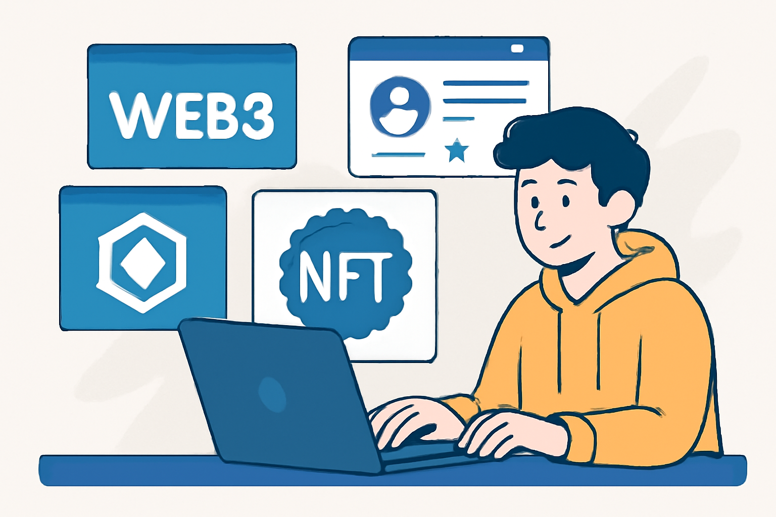 A person browsing multiple Web3 project websites and social media feeds, searching for NFT badge announcements, digital screens with logos and NFT icons, energetic and modern style