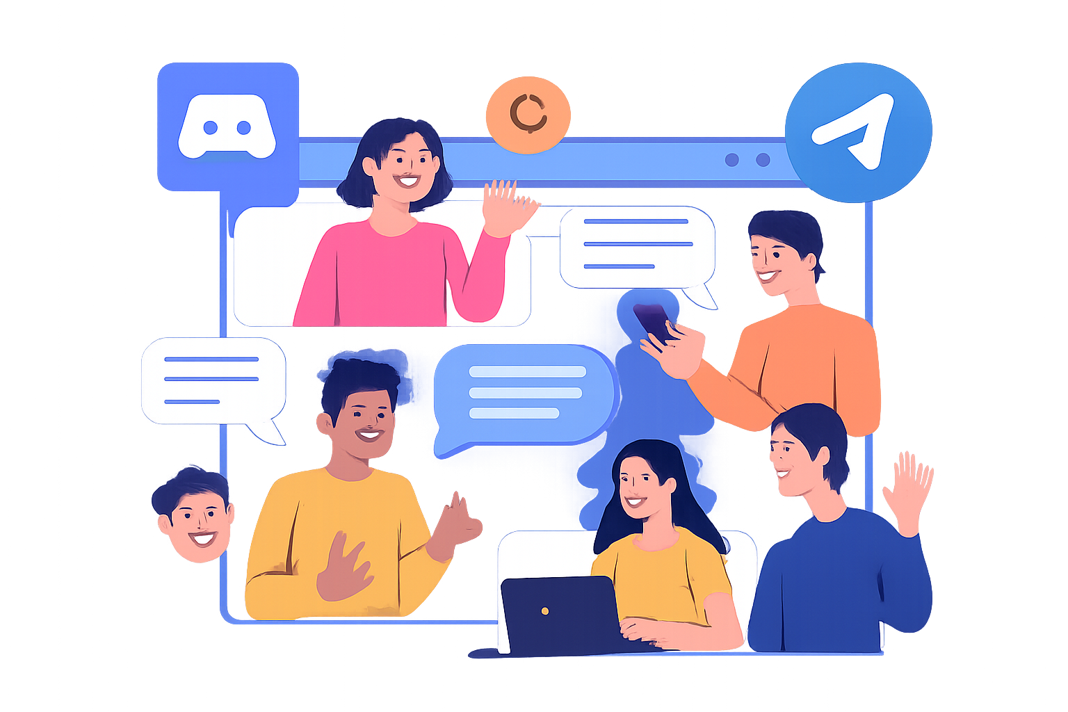 A vibrant online community chat with users interacting, Discord and Telegram logos, people sending messages and emojis, lively digital atmosphere