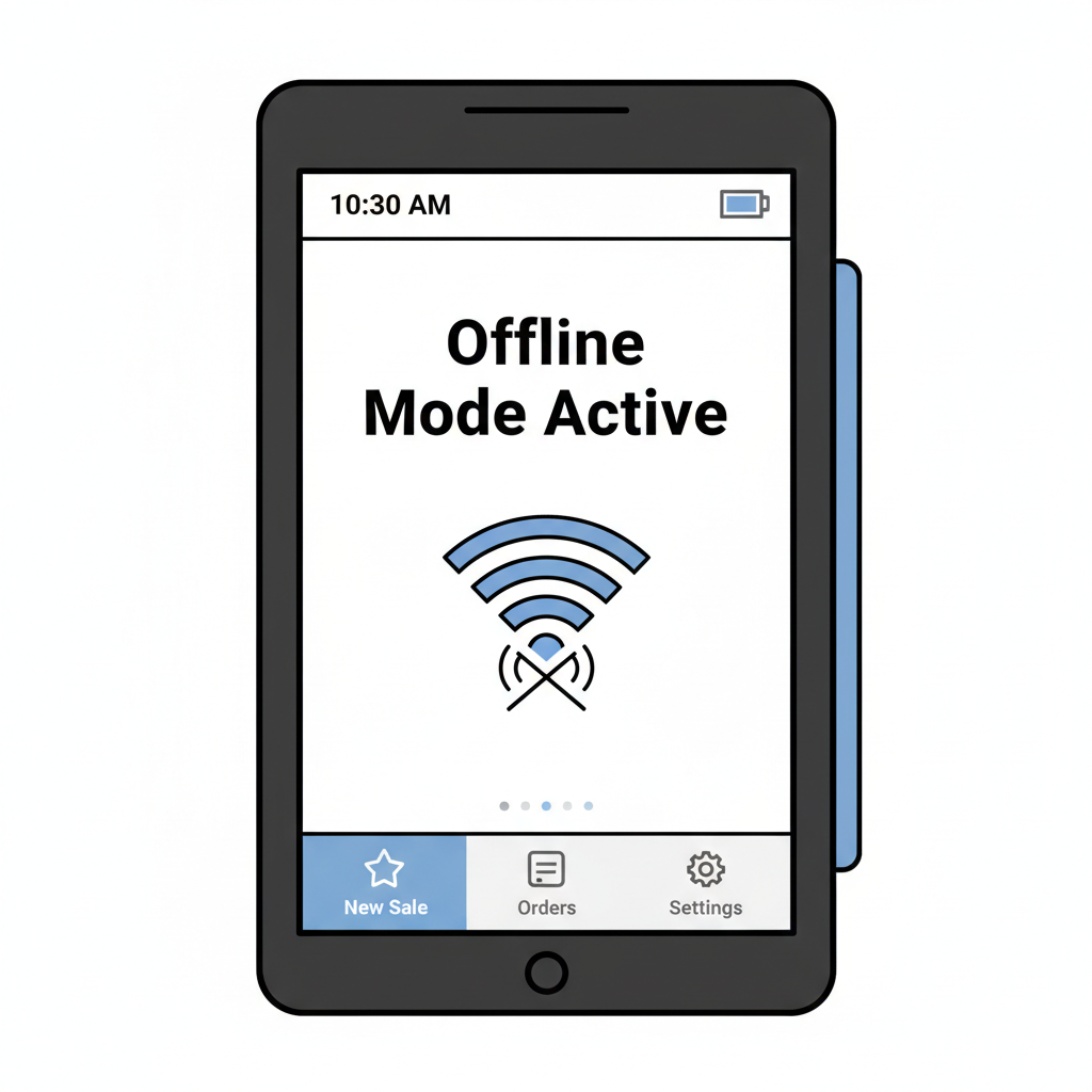 simple POS terminal screen displaying 'Offline Mode Active' with connection icon crossed out, clean modern UI