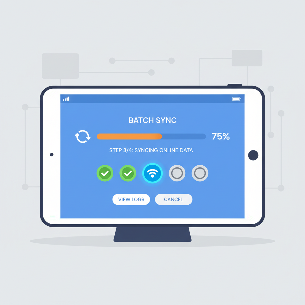 POS terminal dashboard showing batch sync progress online
