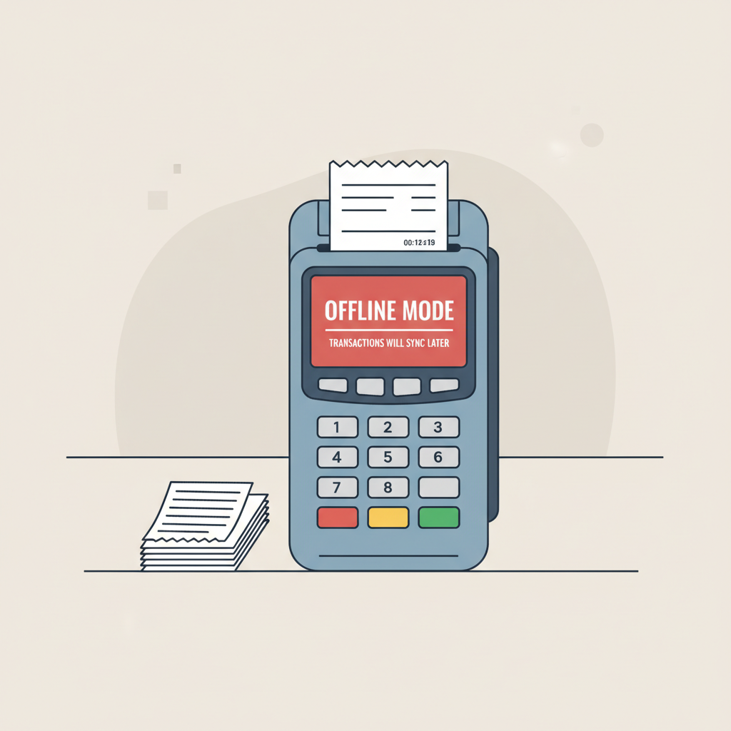 POS terminal printing receipt, stack of receipts nearby, offline mode screen