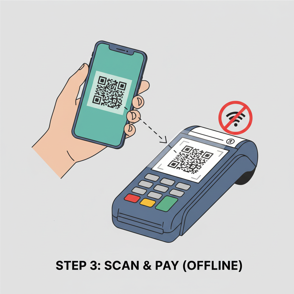 customer scanning QR code on POS terminal with phone wallet, offline indicator visible