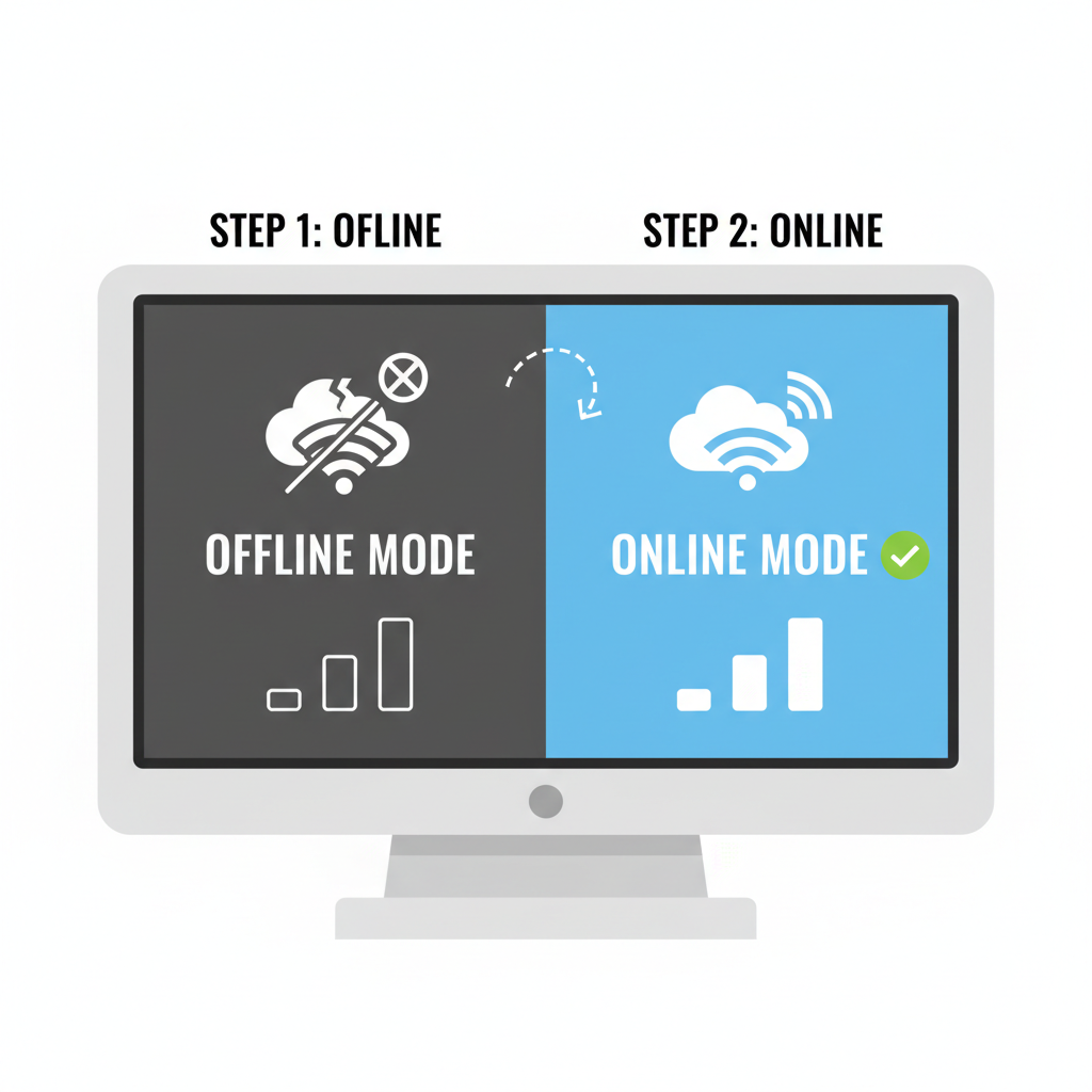 POS terminal screen transitioning from offline to online with connectivity bars filling