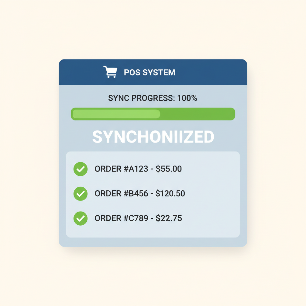 POS dashboard showing sync progress bar at 100%, green checkmarks on transactions list