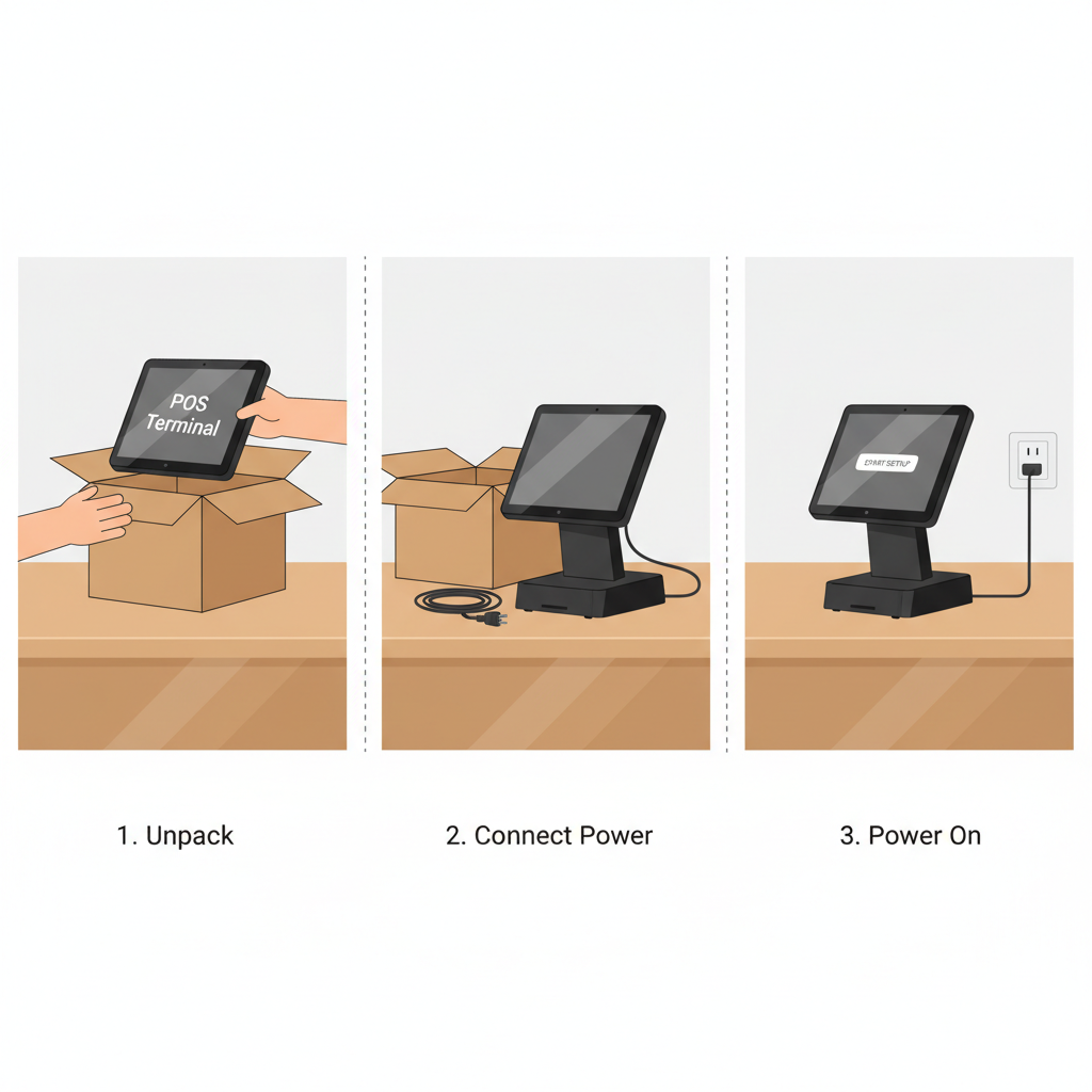 sleek black POS terminal unboxing on retail counter with power cord