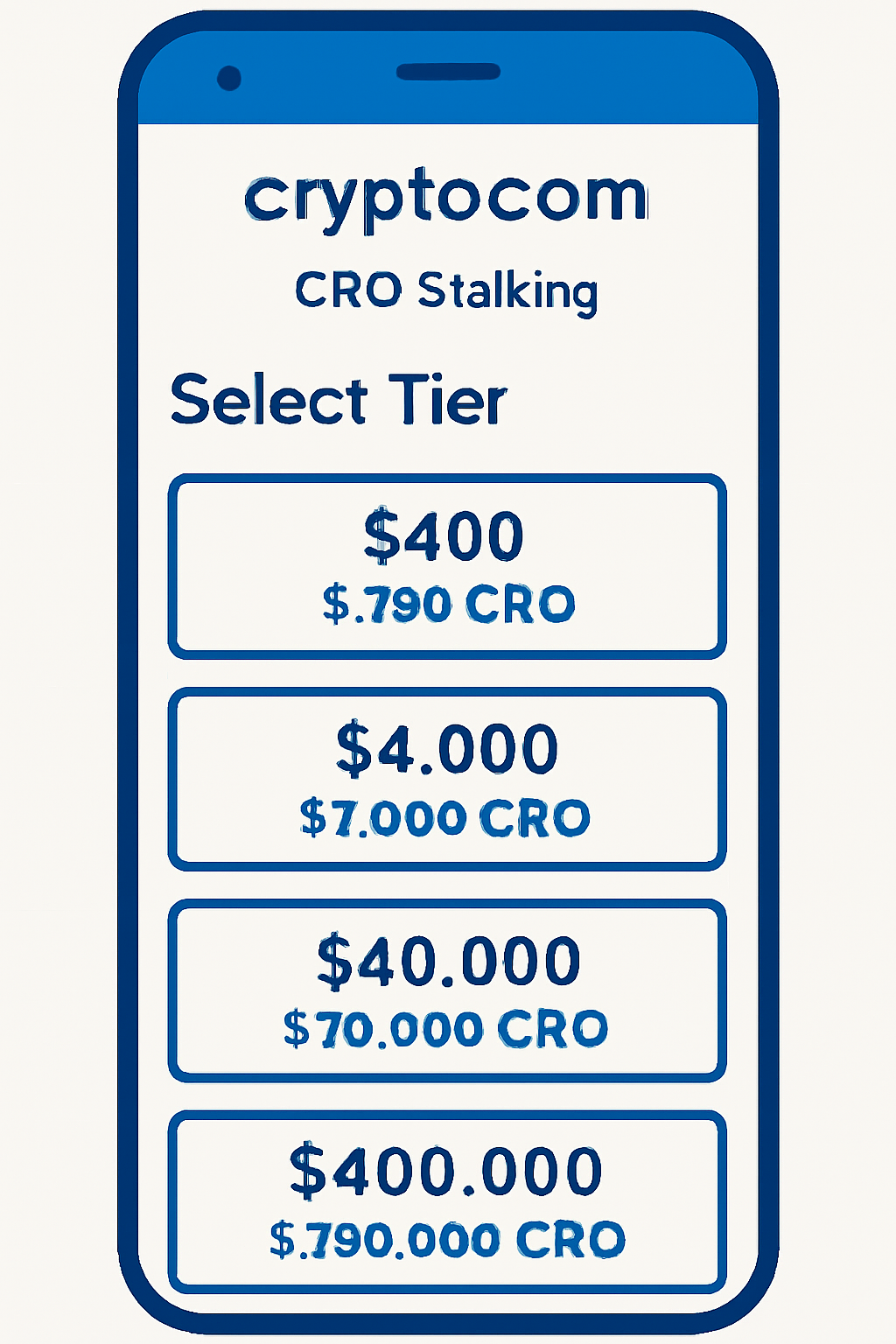 Crypto.com app CRO staking tier selection screen with amounts highlighted