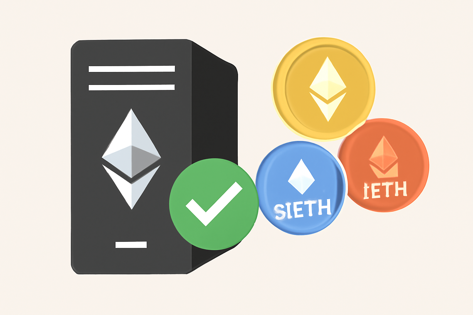 An Ethereum validator node with a green checkmark, next to ETH coins and LST tokens like stETH and rETH.