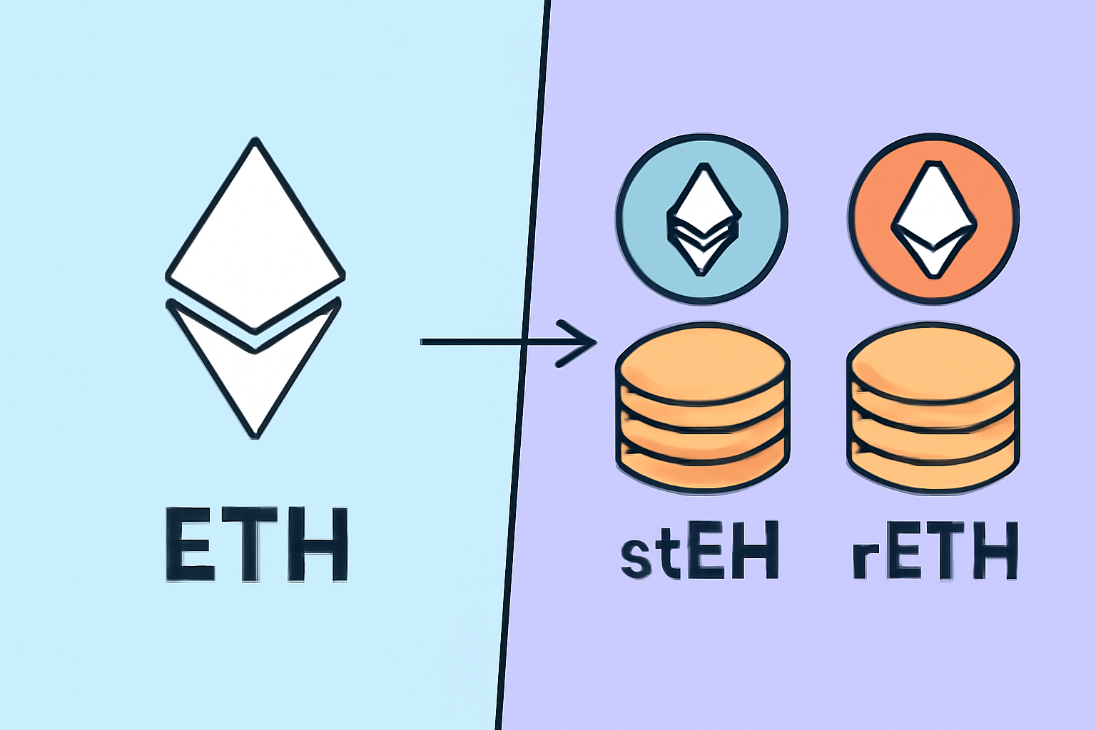 A split image showing native ETH on one side and LST tokens (like stETH, rETH) on the other, with decision arrows.