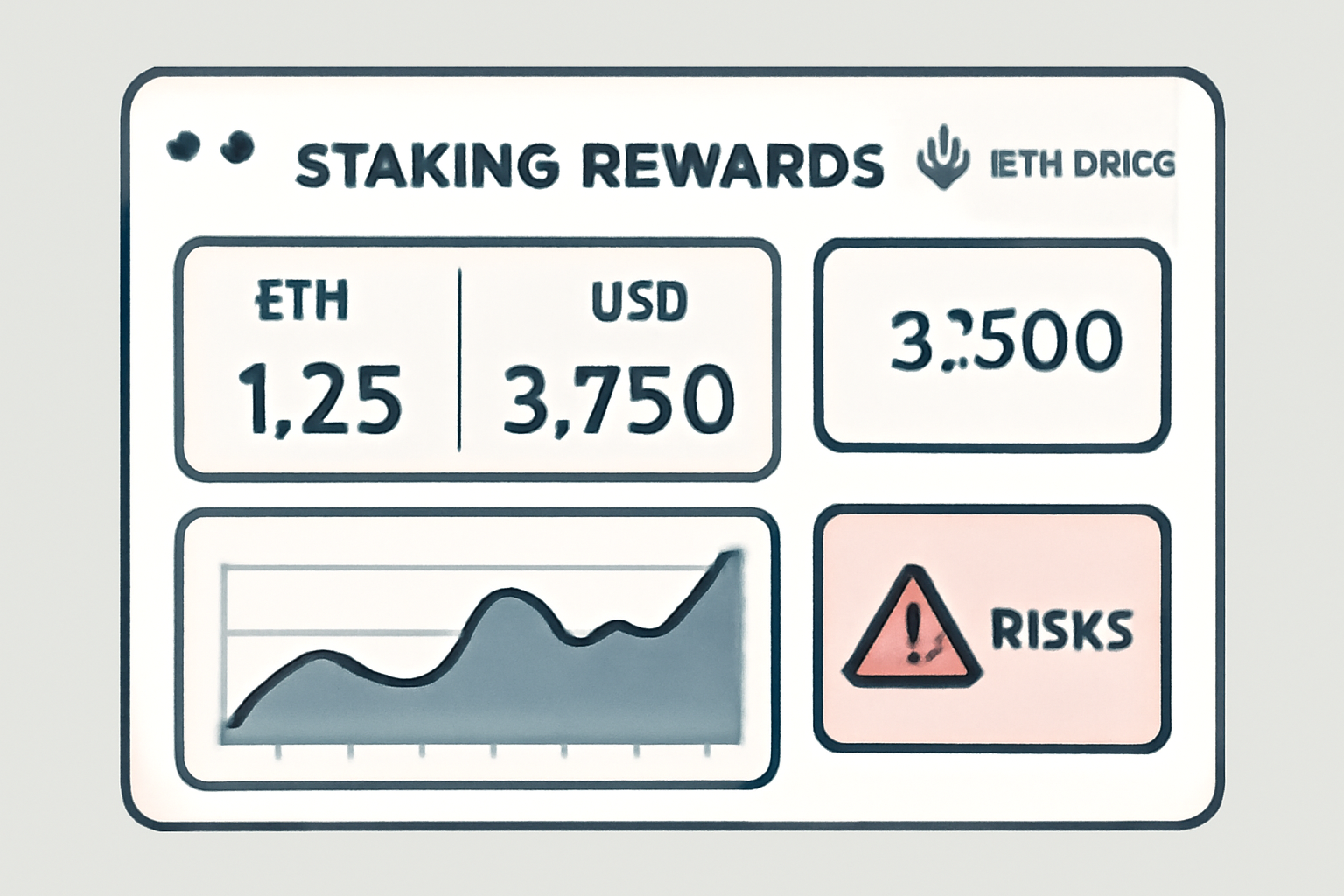 A dashboard showing staking rewards in ETH and USD, with ETH price displayed, and alert notifications for risks.