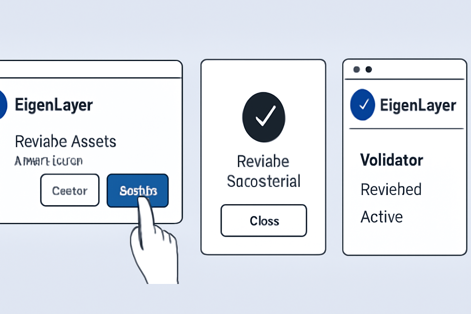 A user clicking a 'Restake' button on EigenLayer, with confirmation popups and validator status updates.