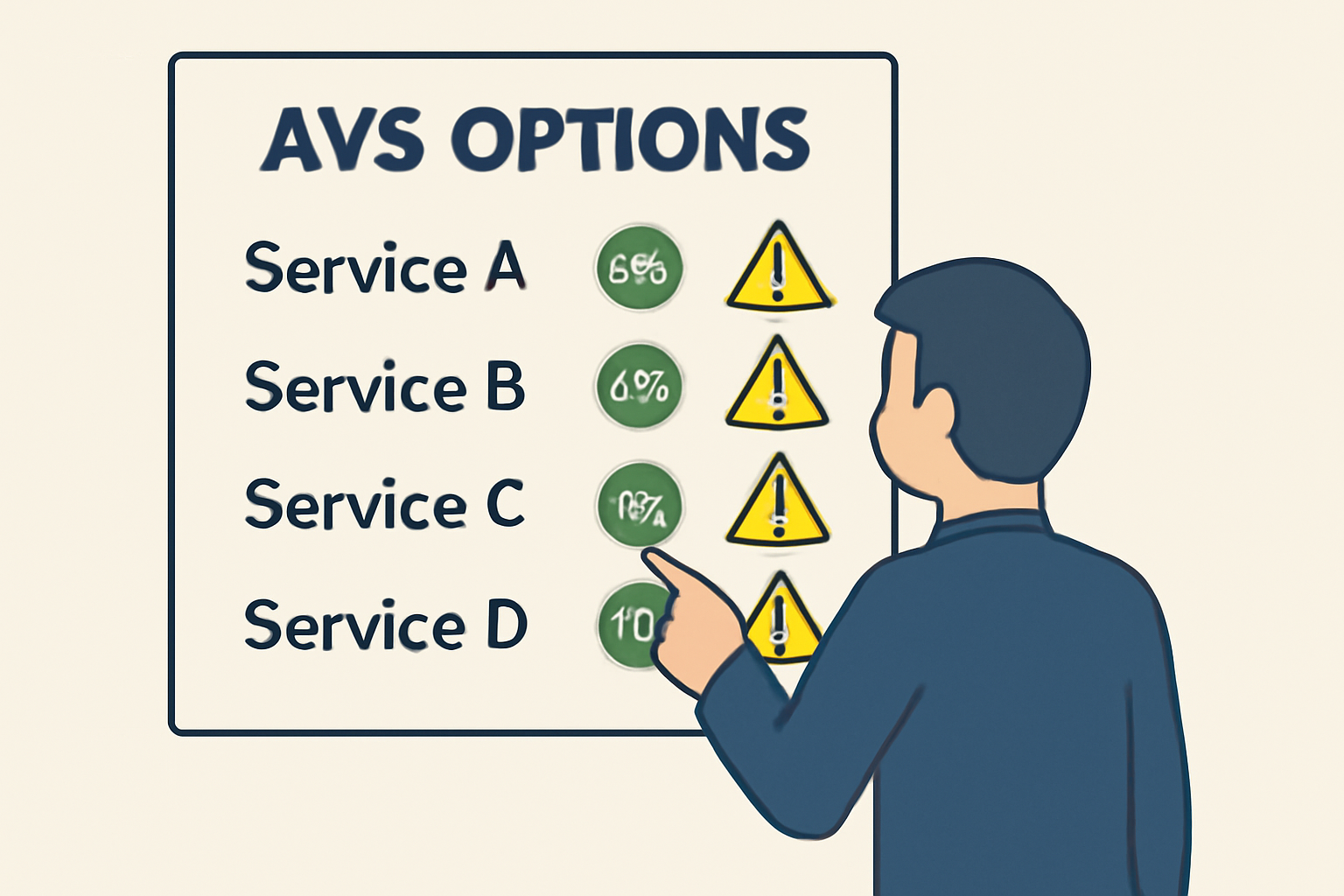A menu of AVS options with reward percentages and warning signs for risk, with a validator selecting services.