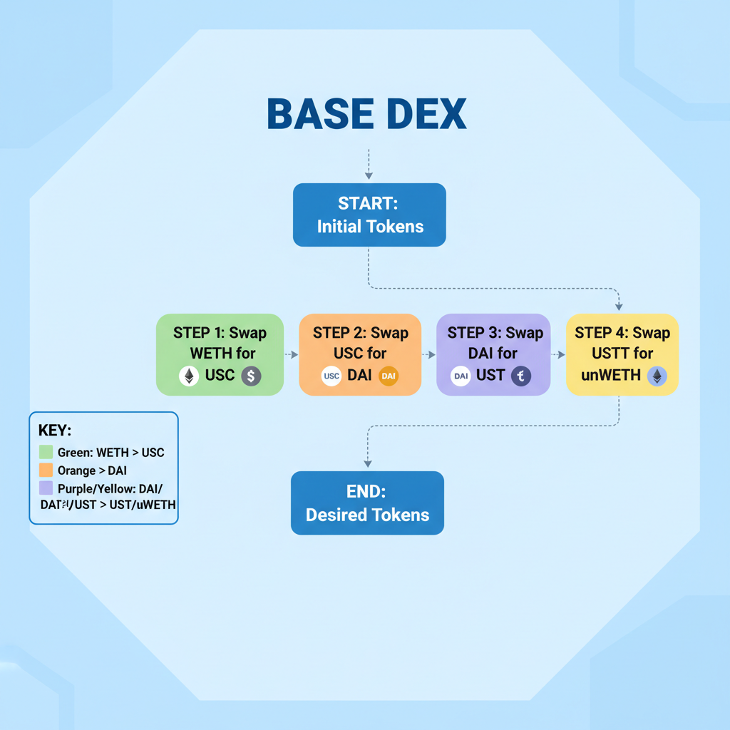 /imagine multiple token swaps flowchart on Base DEX