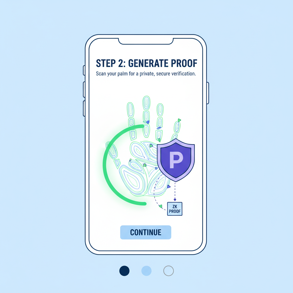 Mobile app generating ZK proof from palm scan, privacy shield icon