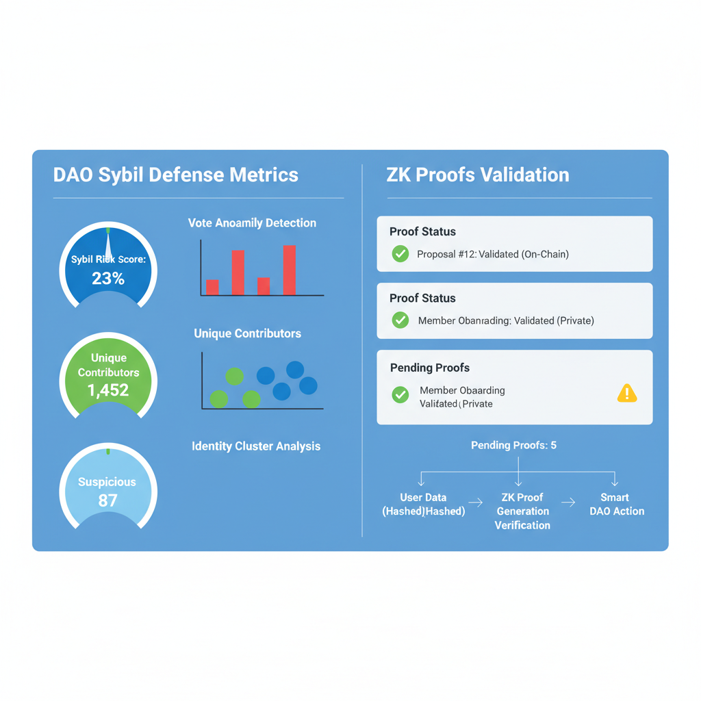 Analytics dashboard tracking DAO Sybil metrics and ZK proofs