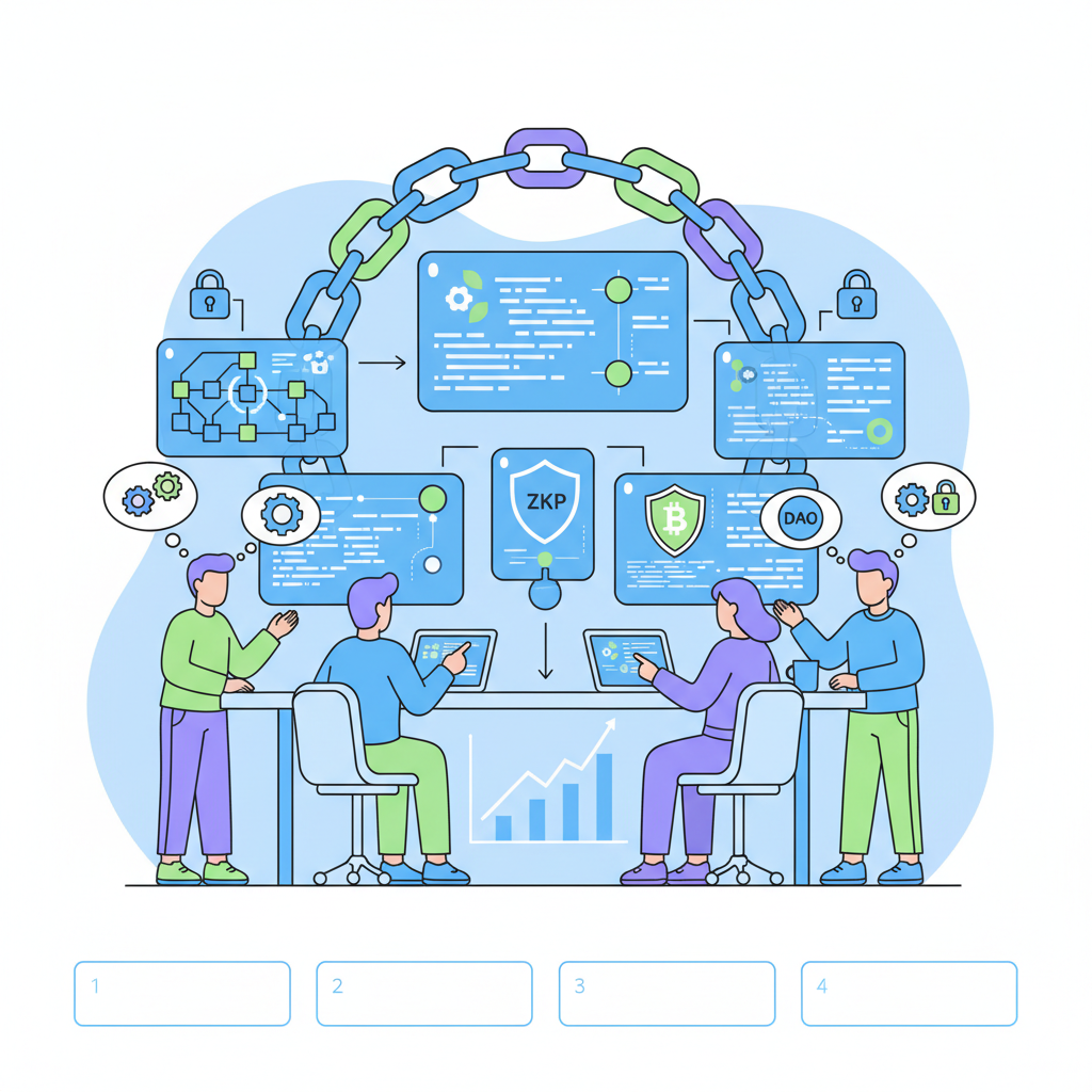 DAO team reviewing ZK protocols on holographic screens, blockchain icons