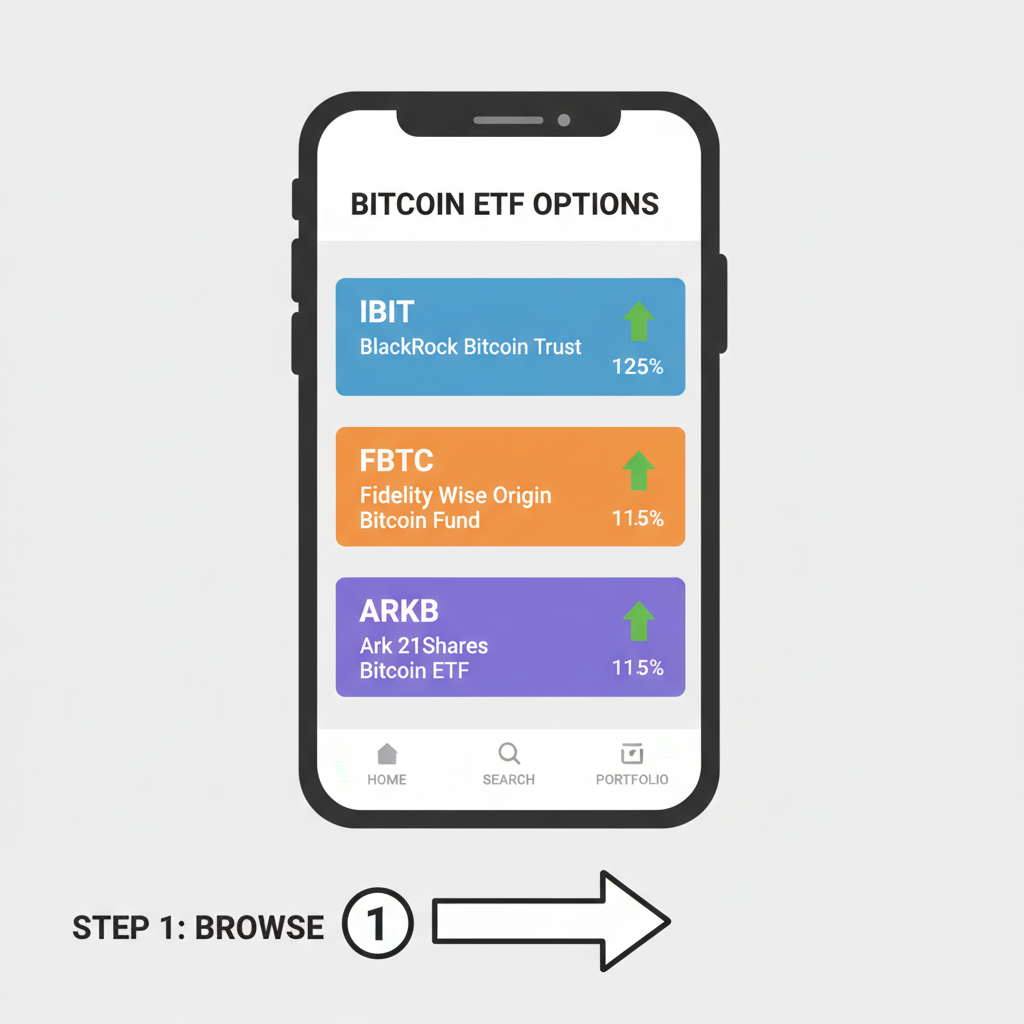clean brokerage app dashboard showing Bitcoin ETF options like IBIT FBTC