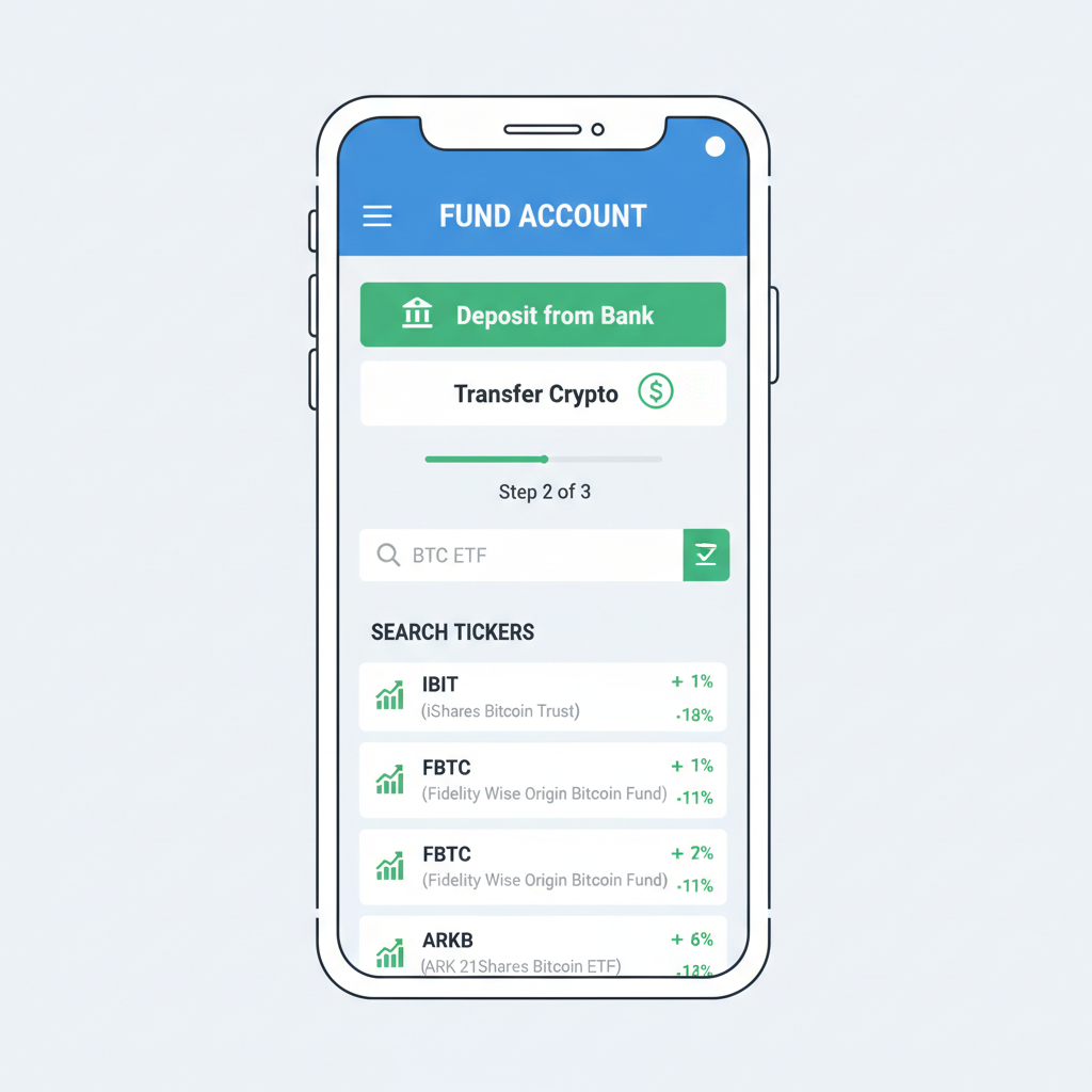 mobile brokerage screen funding account and searching BTC ETF tickers