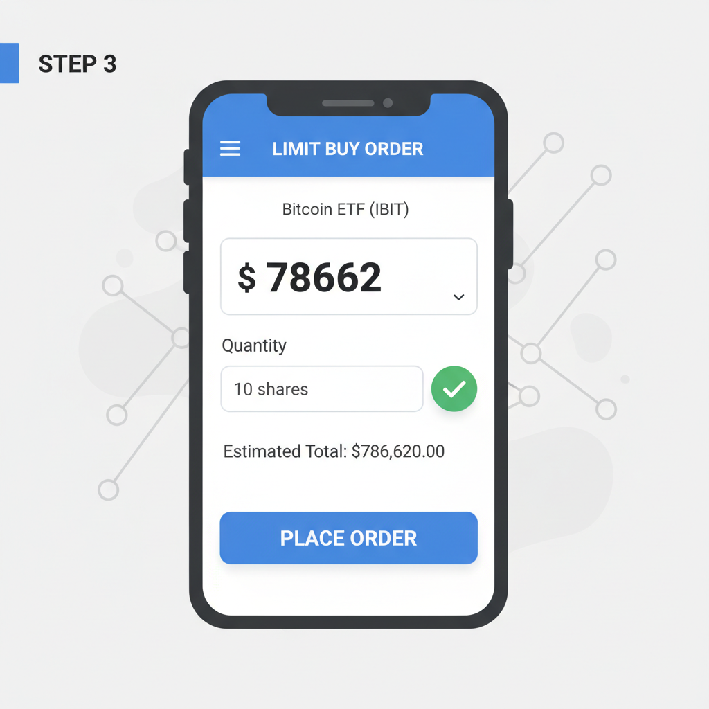 trading app interface setting limit buy order for Bitcoin ETF at 78662