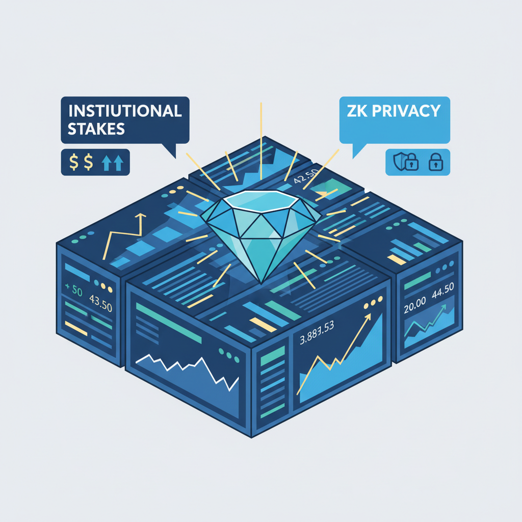 diamond gem shining on massive trading dashboard, institutional stakes, zk privacy