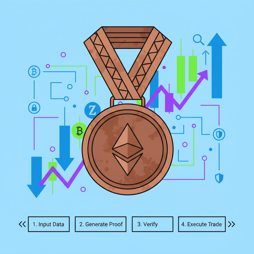 bronze medal on crypto trading chart background, futuristic zk proof elements